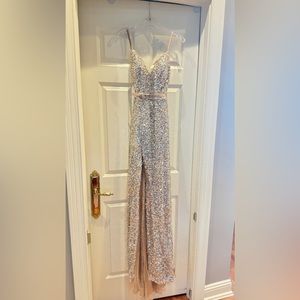Tarik Ediz - 51169 Plunging V-Neck A-Line Evening Dress. Silver/gold prom dress